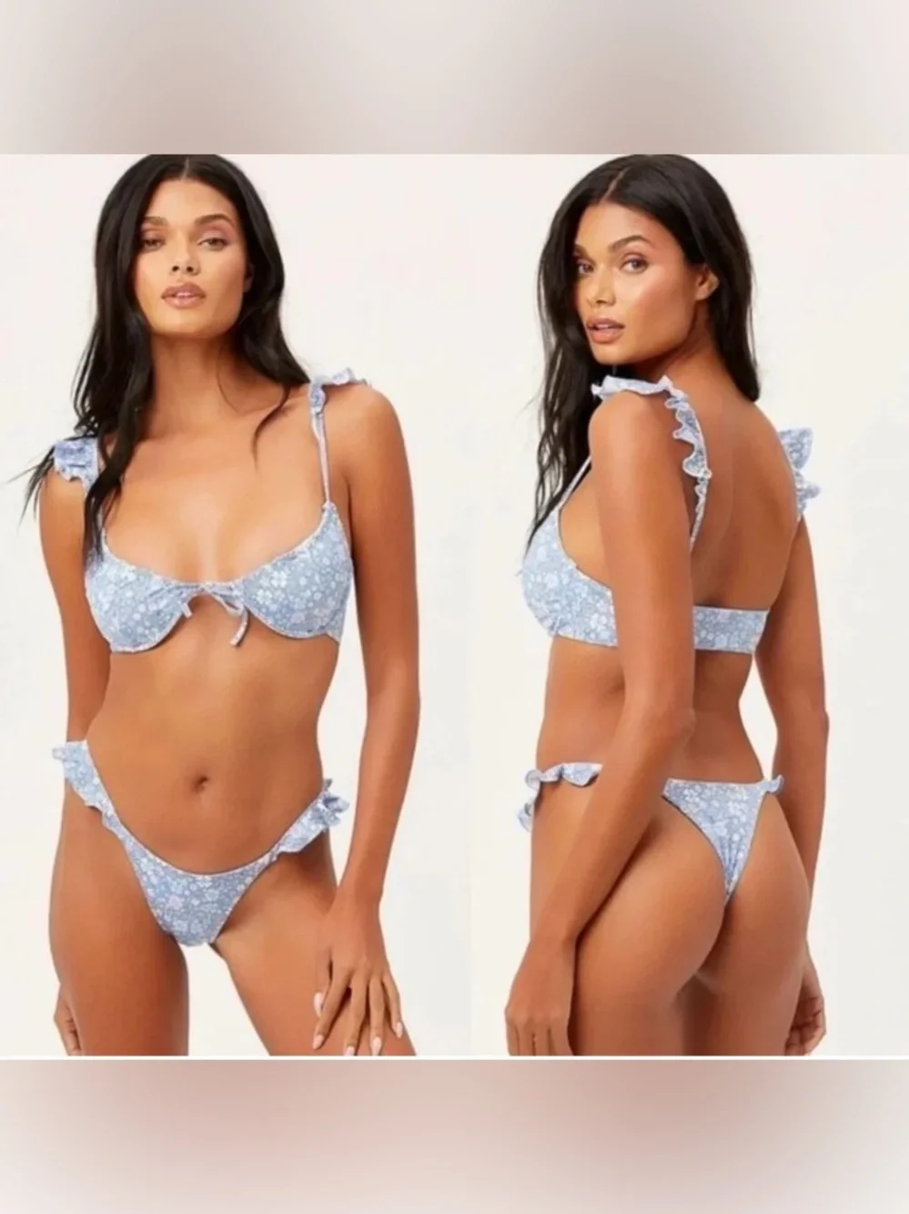 Frankie's Bikinis Light Blue Floral Ruffle Bikini